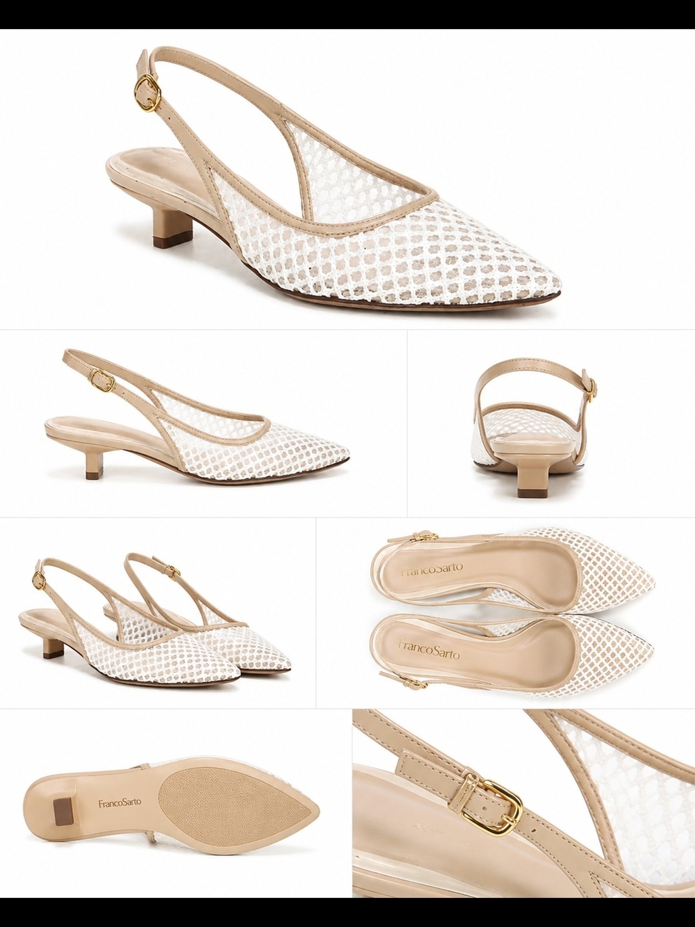 Franco Sarto White Mesh & Beige Trim Slingback Kitten Heel